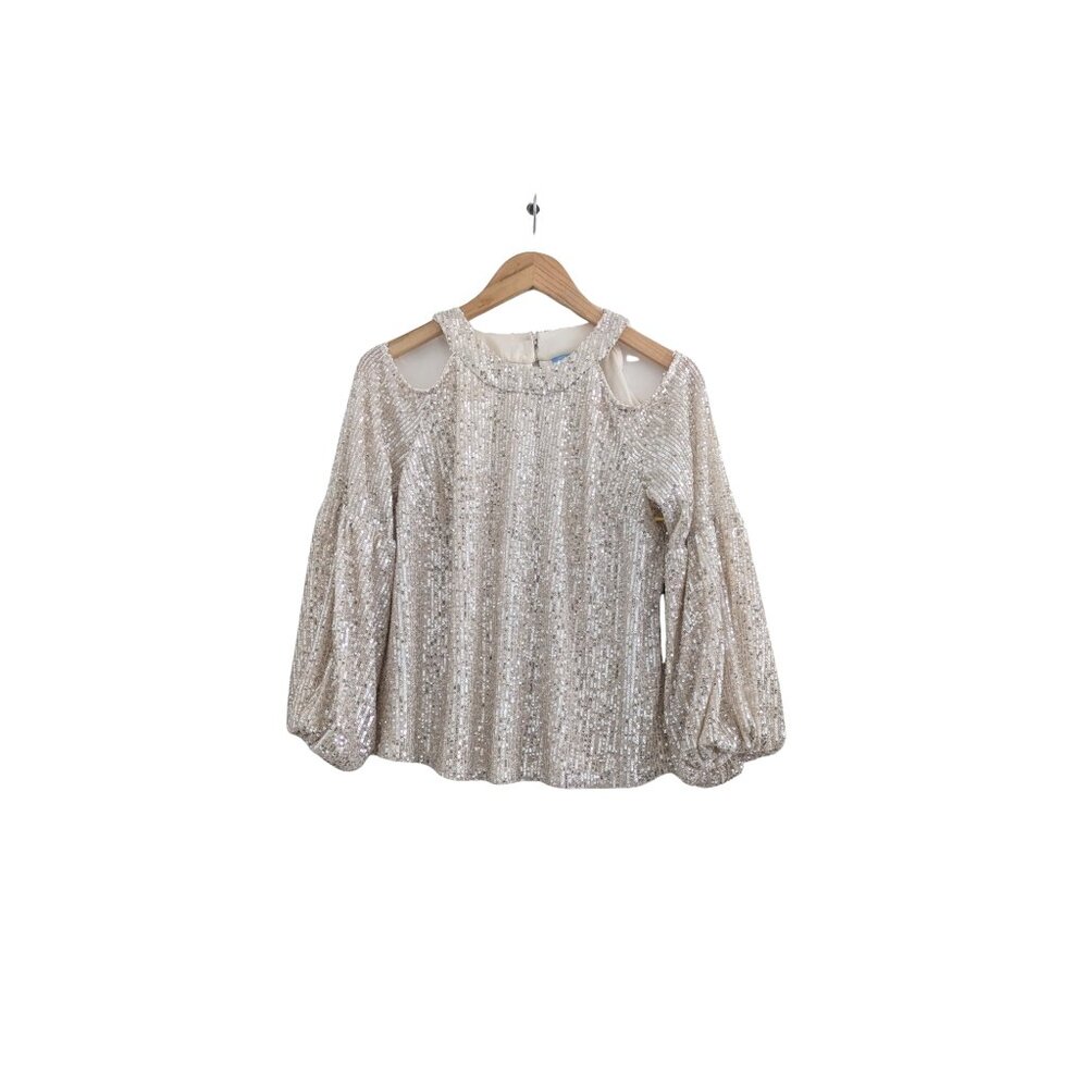 CeCe Sequin Cold Shoulder Blouse Champagne Gold Size S NWT - Picture 2 of 5